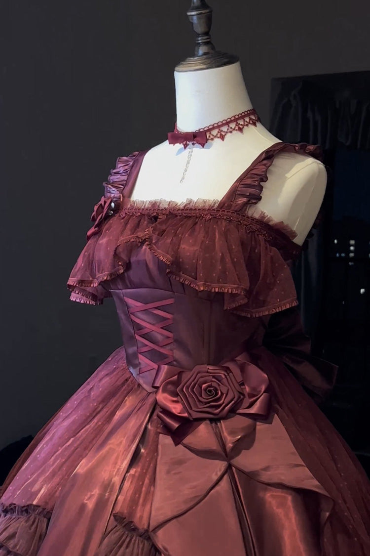 Red Square Collar Sleeveless Ruffled Bow Lace-up Classic Princess Lolita Jsk Dress