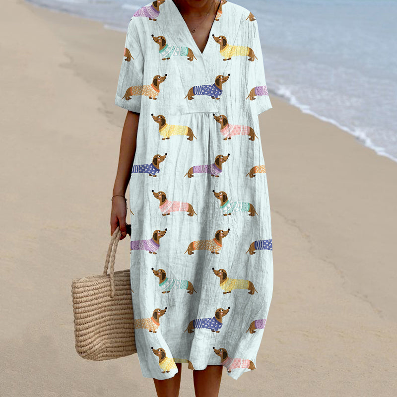Comstylish Women's Retro Cute Dachshund Dog Art Linen Dress