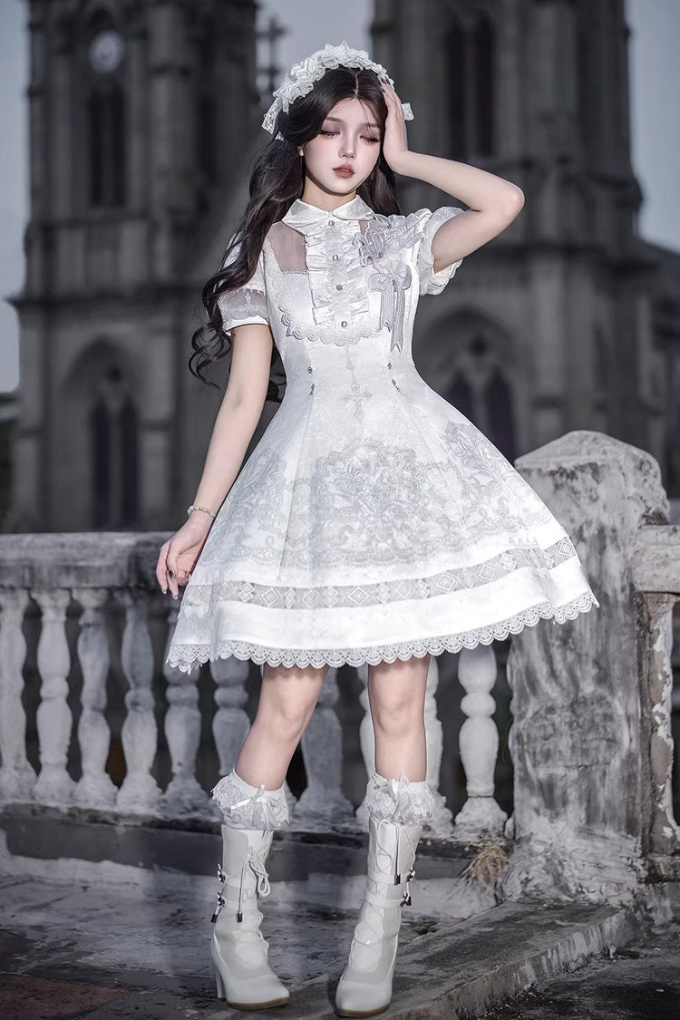 White Lapel Collar Short Sleeves Printed Ruffled Lace Classic Gothic Lolita Dress