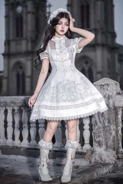 White Lapel Collar Short Sleeves Printed Ruffled Lace Classic Gothic Lolita Dress