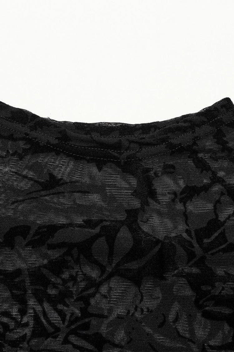 Black Long Sleeves Print Sheer Mesh Gothic T-shirt