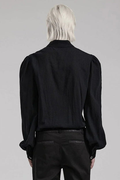 Black Hand-stitched Button Pleated Long Puff Sleeves Ruffle Gothic Blouse
