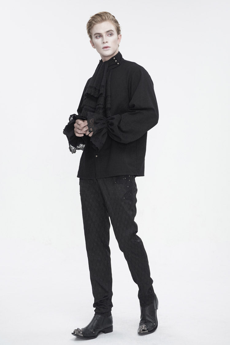 Black Puff Sleeved Stand Collar Gothic Shirt With Necktie