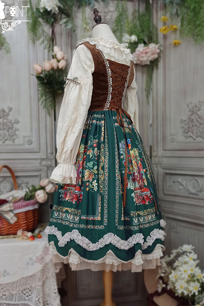 Green [ode to Plenty] Berries and Birds Print Ruffle Bowknot Velvet Classic Lolita Breast Support Jsk Dress