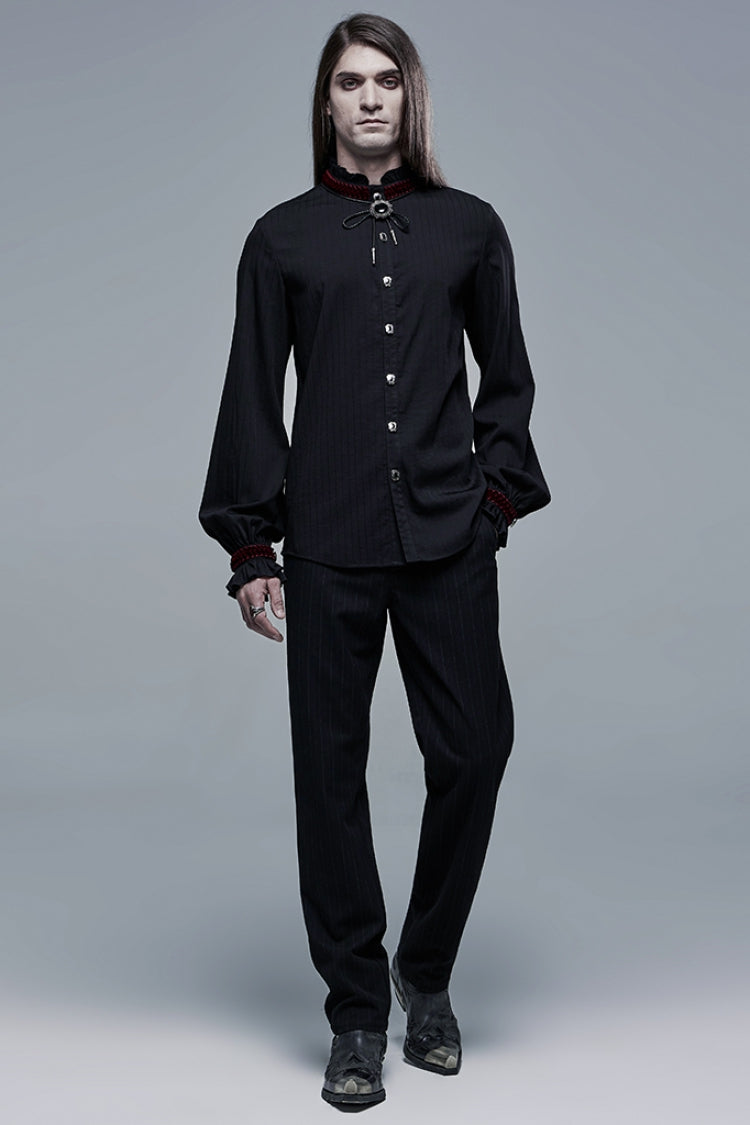 Black/red Gothic High Collar Front Retro Metal Button Lantern Sleeve Shirt