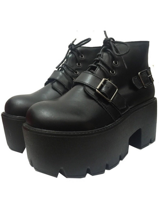 Lace Up Back Belt Leather Platform Boots
