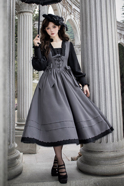 Grey [mist Chronicle] Square Collar Long Sleeves Bowknot Lace-up Color-block Fake Two Pieces Classic Lolita Dress