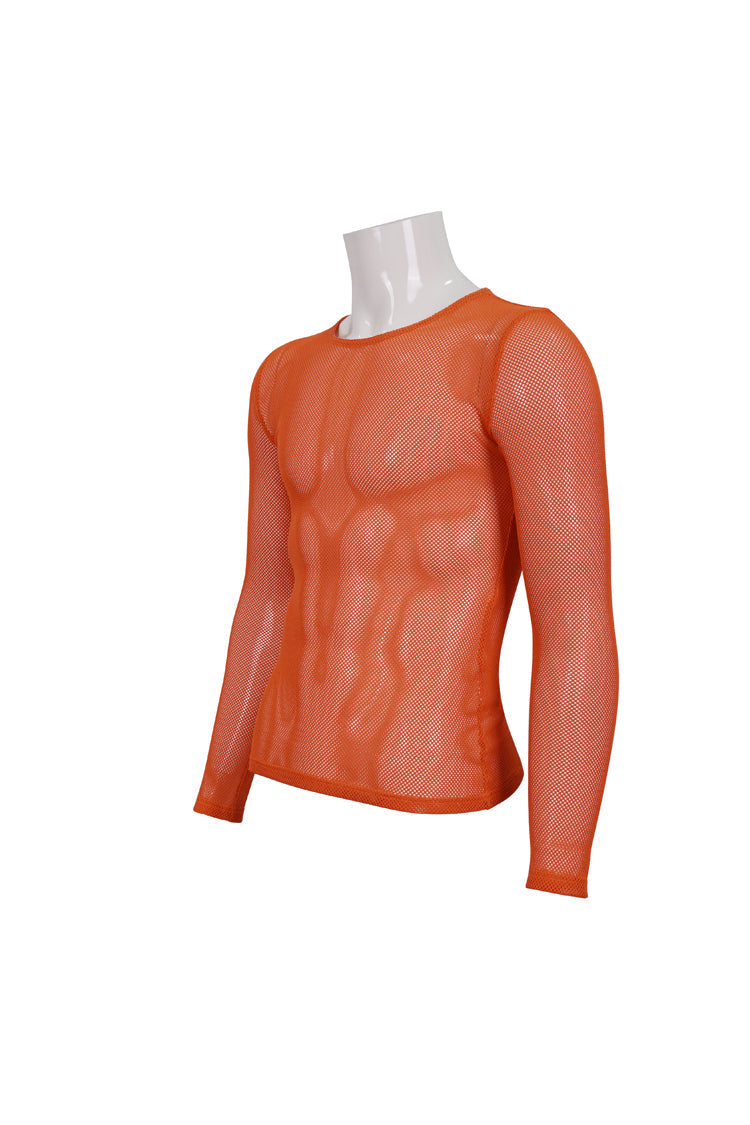 Orange Elasticity High Neck Long Sleeve Mesh Gothic T-shirt