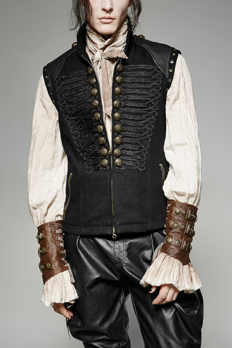 Black Sleeveless Double Breasted Retro Metal Button Decoration Steampunk Vest
