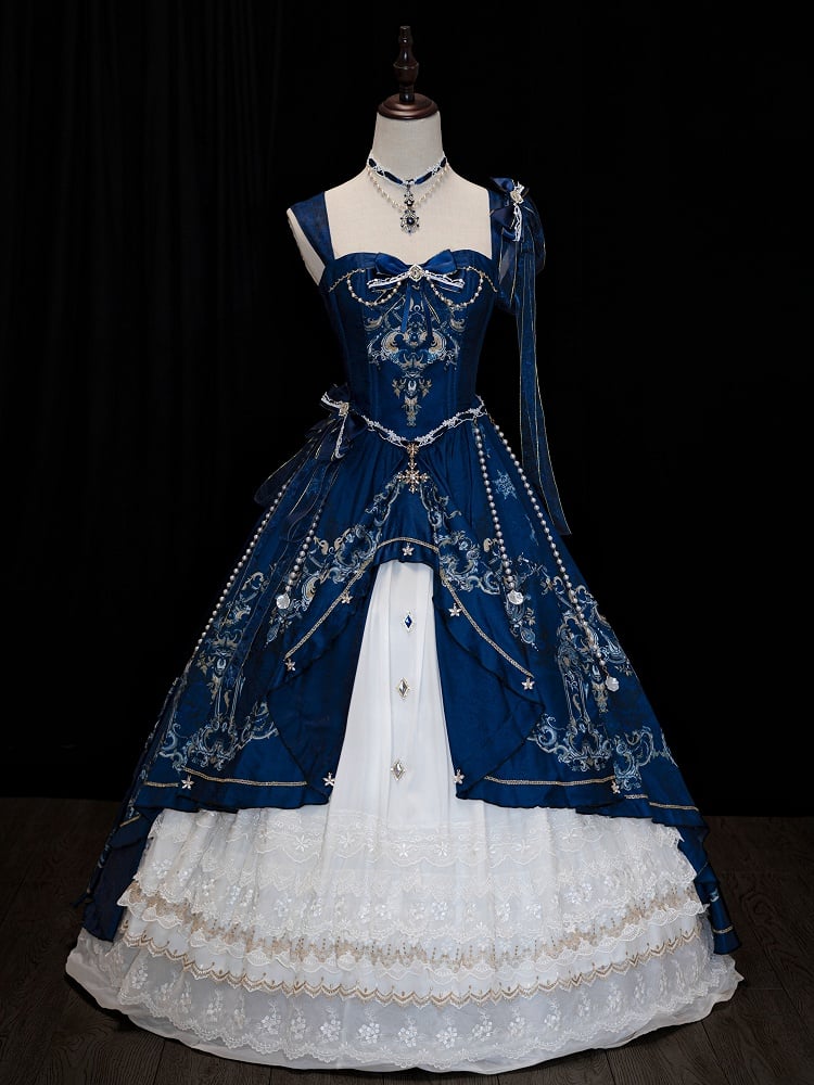 [pre-order Deadline: May 3] Dark Blue White Corset Lace Ribbon Lolita Jsk Princess Dress + Complete Set