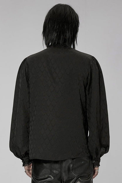 Black Punk Turtleneck Dragon Scale Jacquard Long Lantern Sleeves Lace Edge Shirt