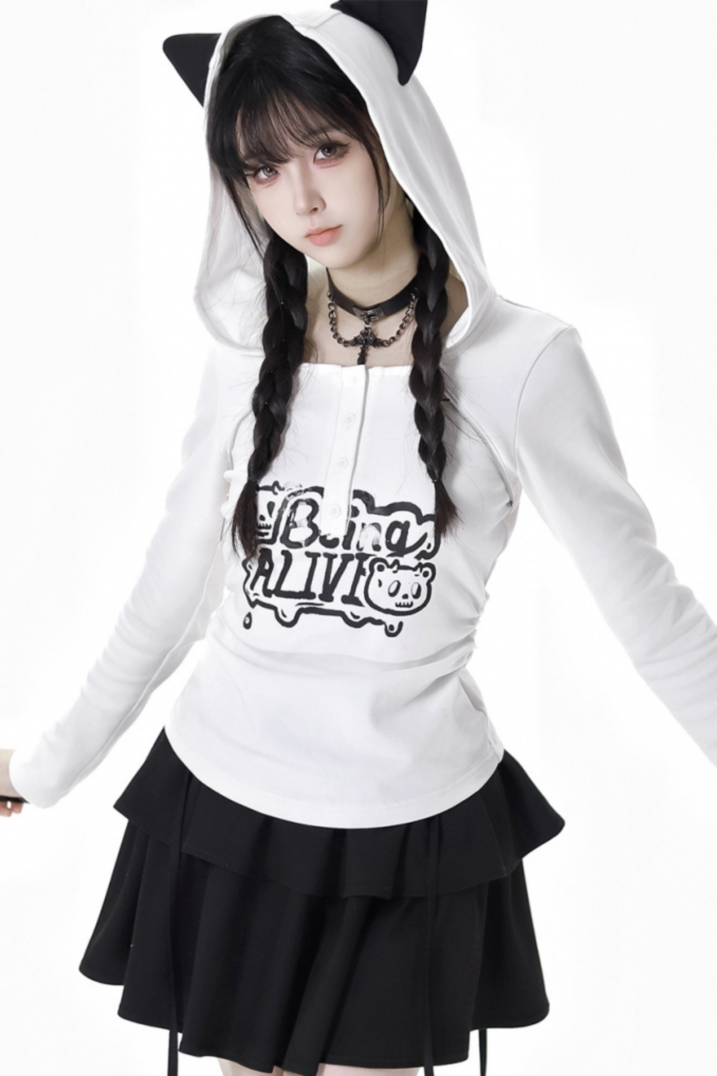 Cat Ear Hooded Top + Loose Knit Sweater + Cargo Pants + Strap Skirt