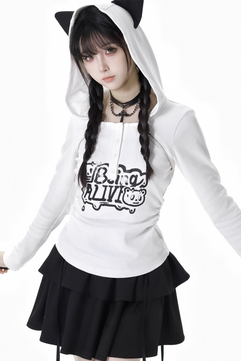 Cat Ear Hooded Top + Loose Knit Sweater + Cargo Pants + Strap Skirt