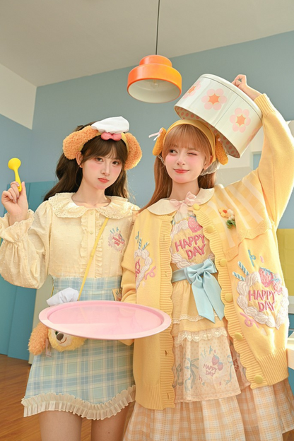 [pre-order] Strawberry Shortcake + Plaid High Waist Skirt + Custard Cardigan