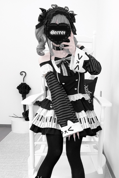 Dark Ruffle Top + Piano Skirt + Cat Sleeve