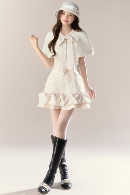 Ruffle Girly Pure Sleeveless Dress + Ribbon Cape