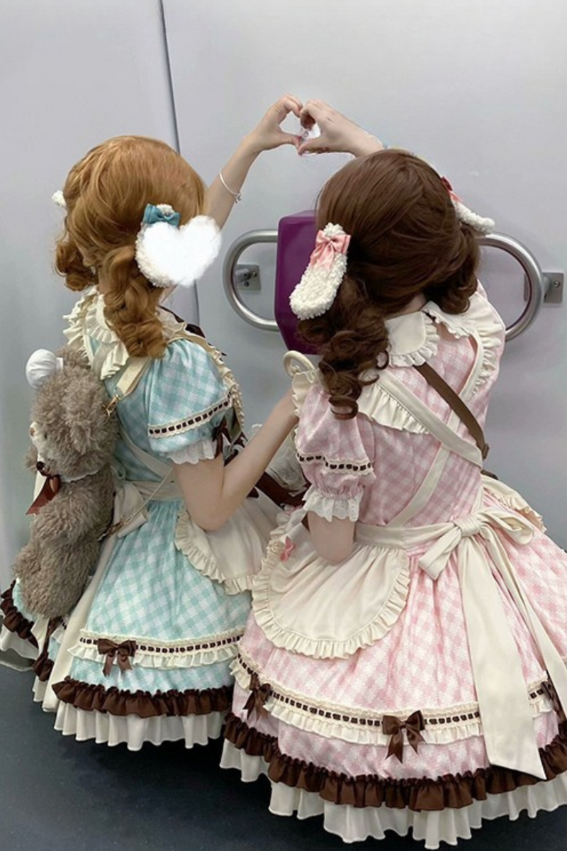 [pre-order] Bunny Ear Hair Clip + Pink Blue Sweet Maid Apron Dress