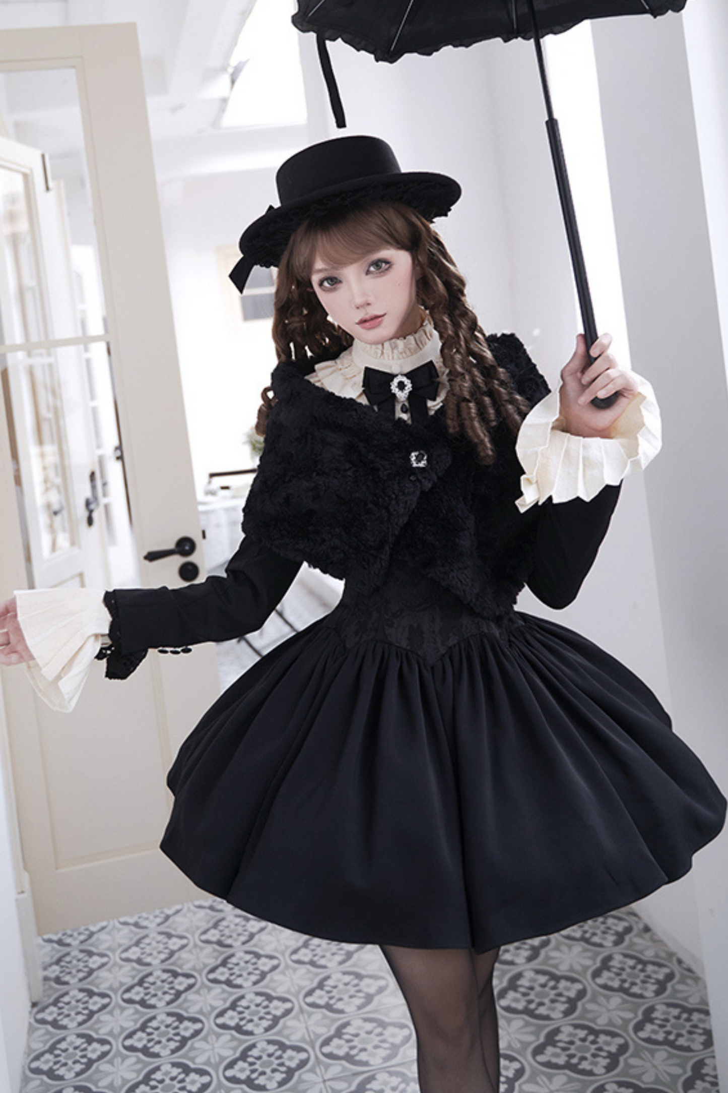 [pre-order] Dark Sweet Lolita Dress + Faux Collar + Necklace + Jacket + Ribbon + Sleeve + Fur Shawl