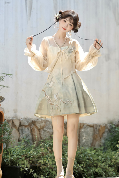Chinese-style Gradient Retro Dress + Sheer Cardigan