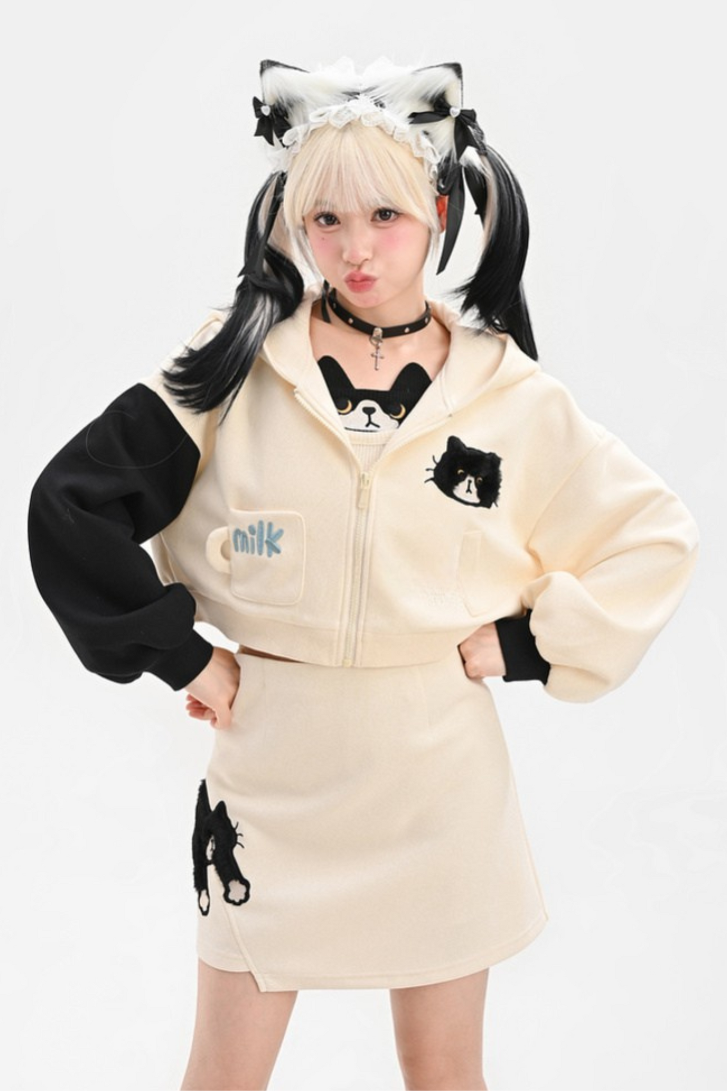 Cat Ear Hooded Short Parka + Camisole + Skirt