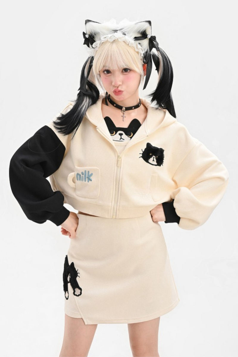 Cat Ear Hooded Short Parka + Camisole + Skirt
