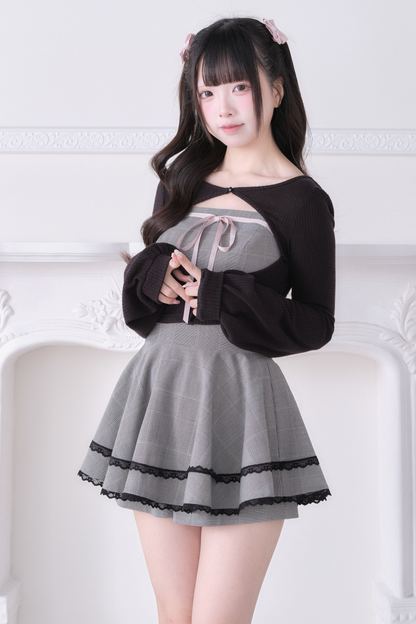 Lace Cardigan + Checkered Dress + Inner Pants