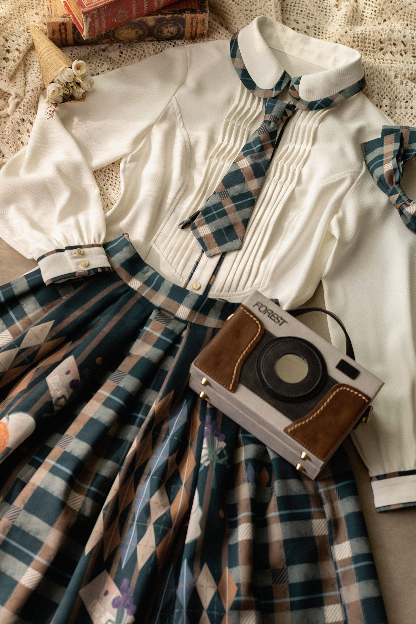 Retro Classic Academy Shirt + Vest + Plaid Skirt
