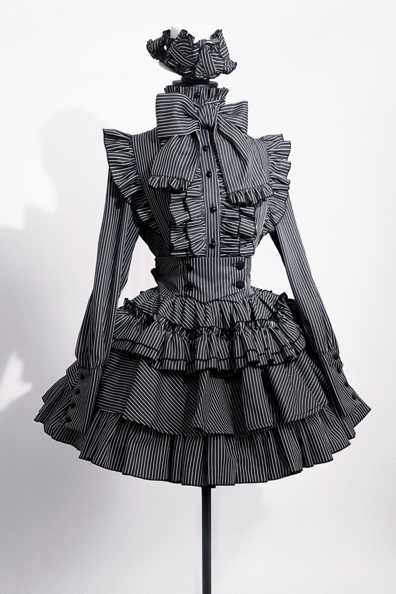 Striped Gothic Lolita Shirt + Tiered Skirt