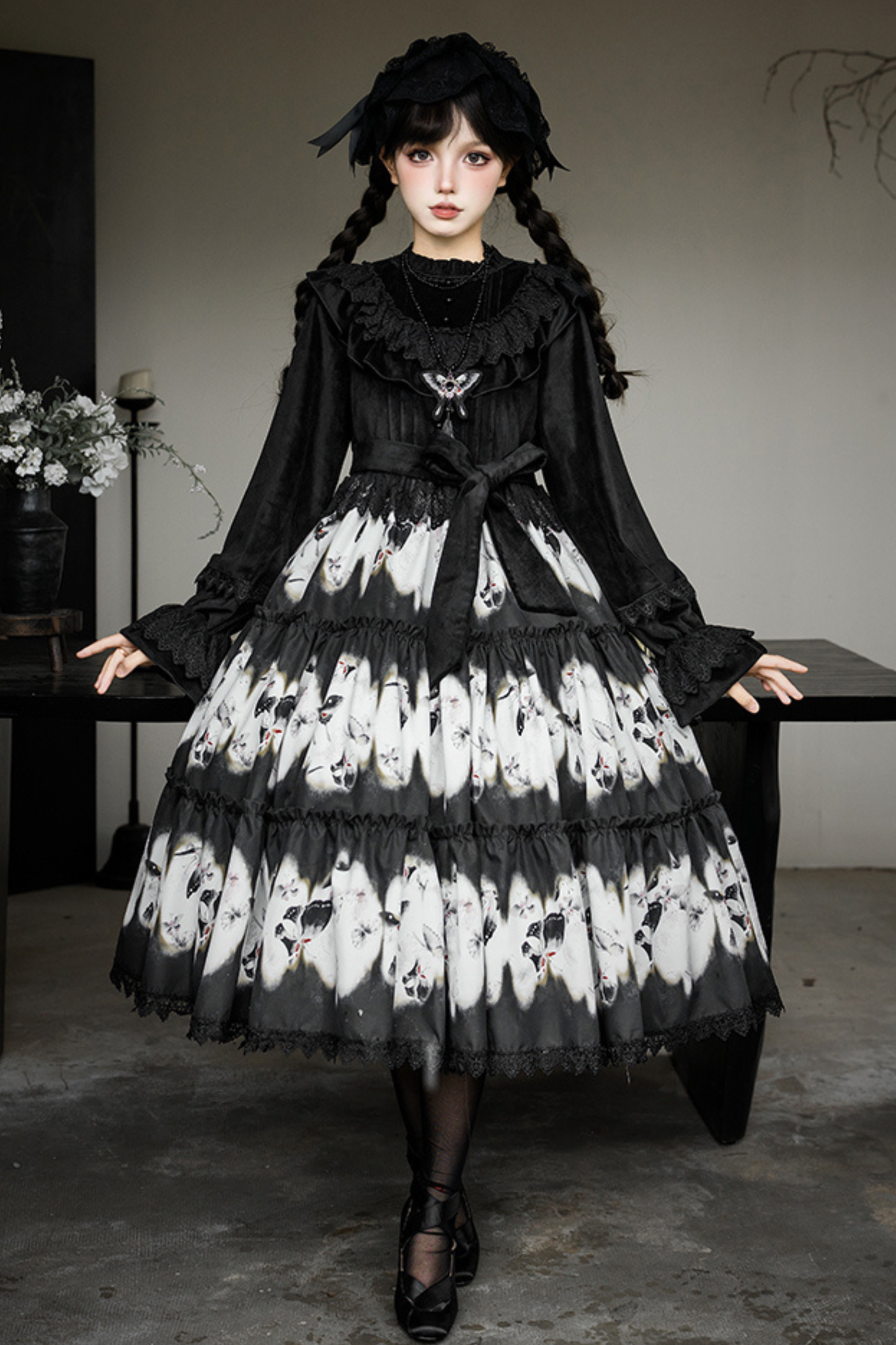 Butterfly Print Swing Lolita Dress + Jumper Skirt + Hairband + Innerwear + Ribbon