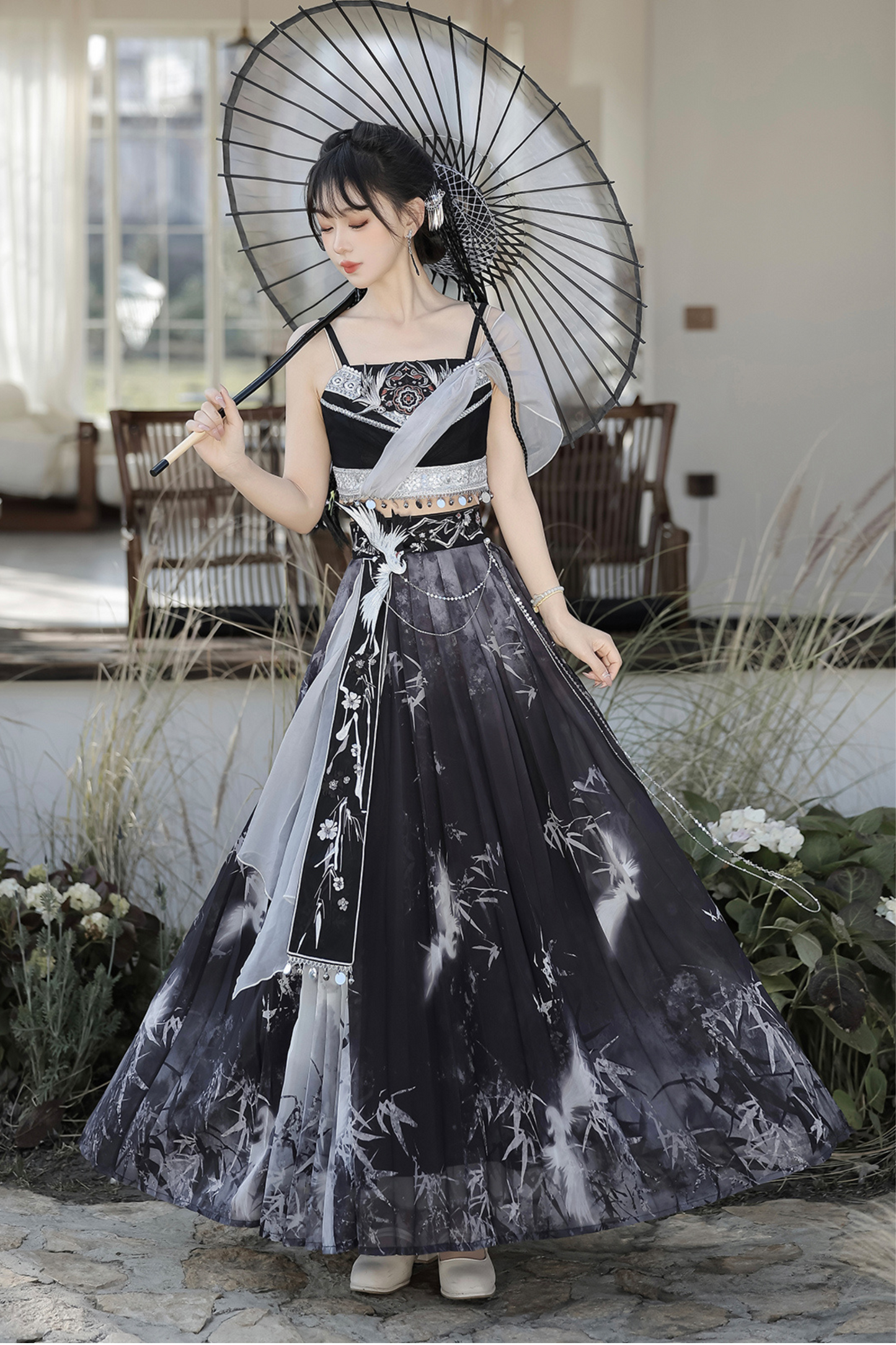 Retro Dark China Skirt + Camisole + Sheer Coat