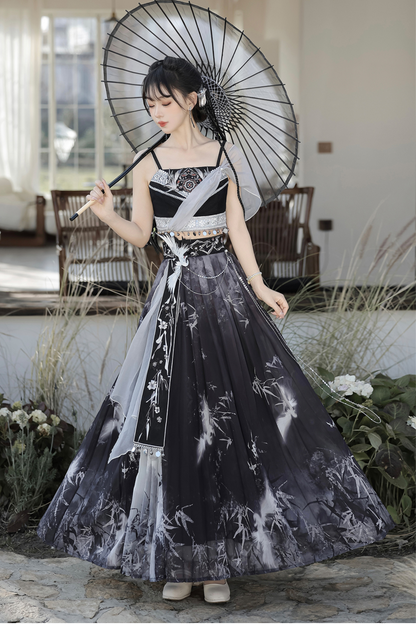 Retro Dark China Skirt + Camisole + Sheer Coat