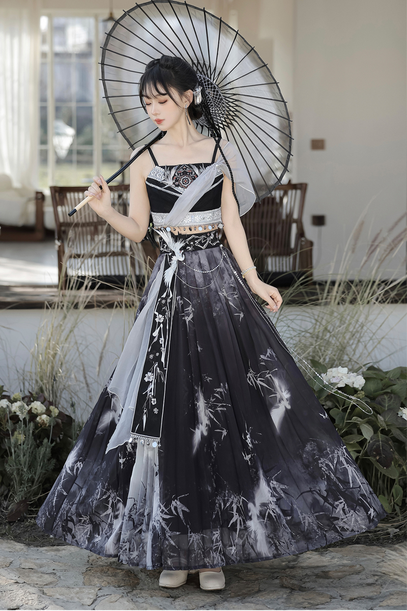Retro Dark China Skirt + Camisole + Sheer Coat
