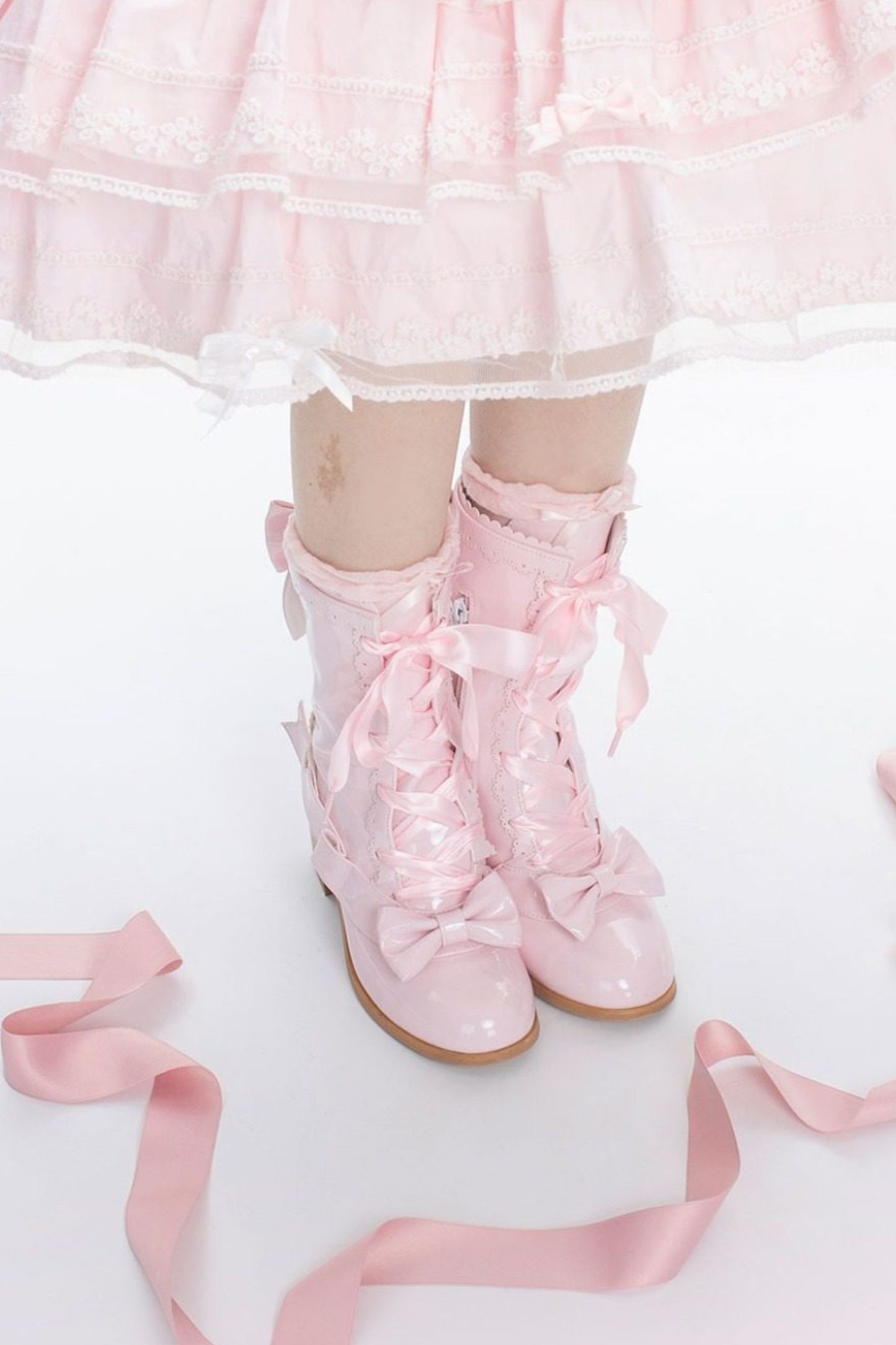 Ribbon Lace Up Mid Calf Boots