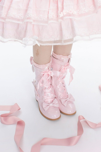 Ribbon Lace Up Mid Calf Boots