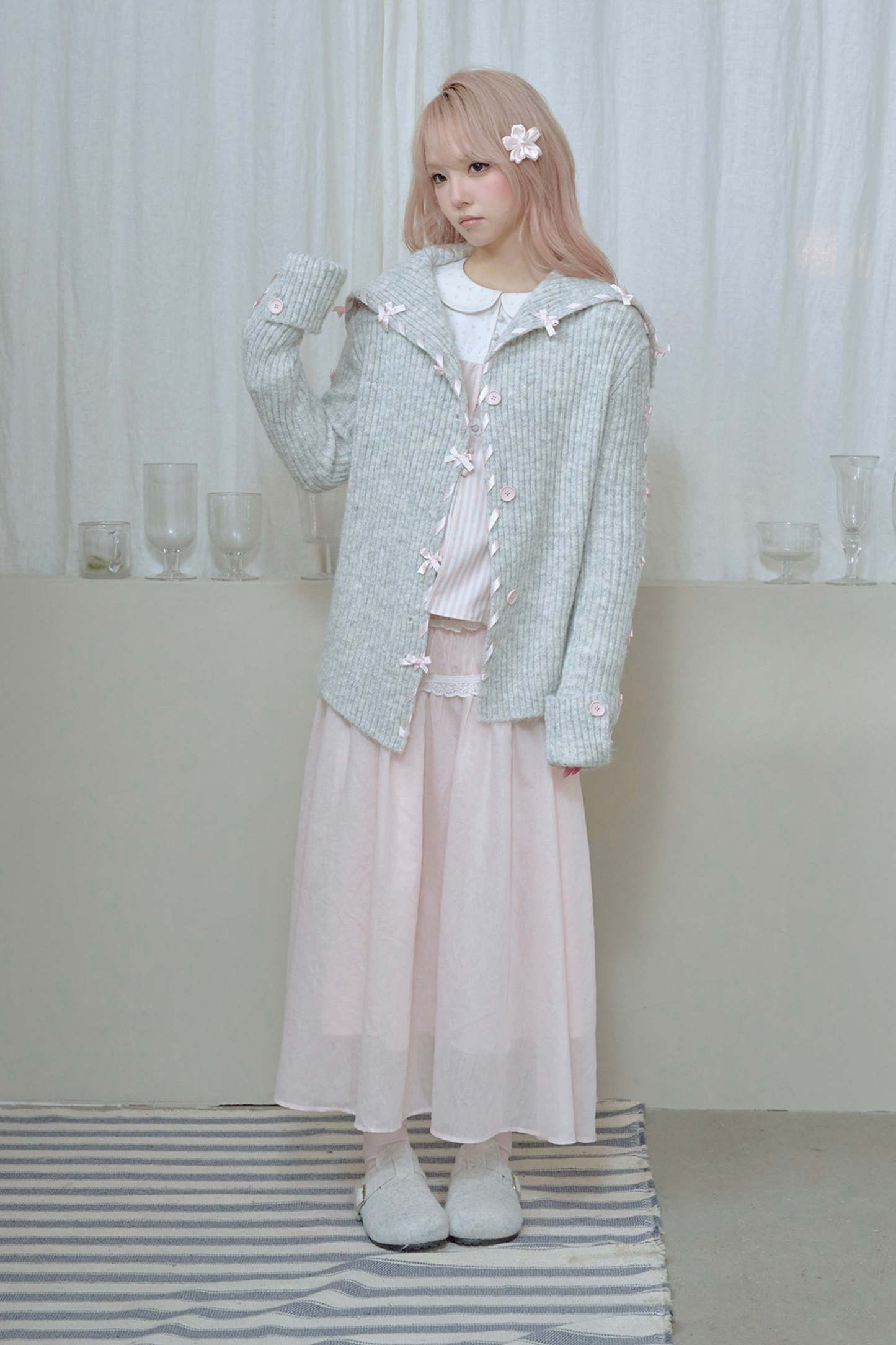 Lace-up Line Ribbon Knit Cardigan