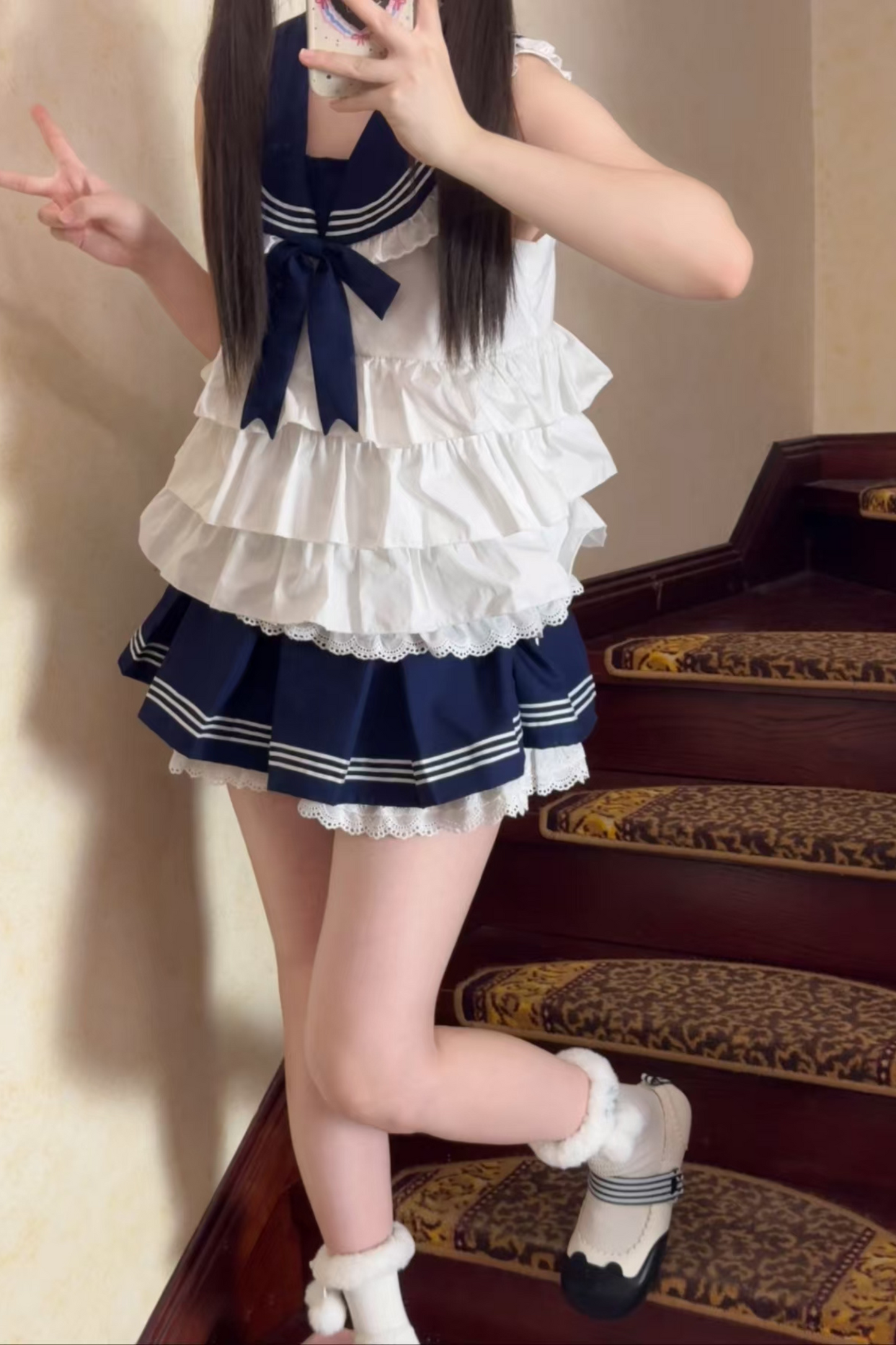 Sailor Ribbon Marine Top + Pleated Layered Skirt