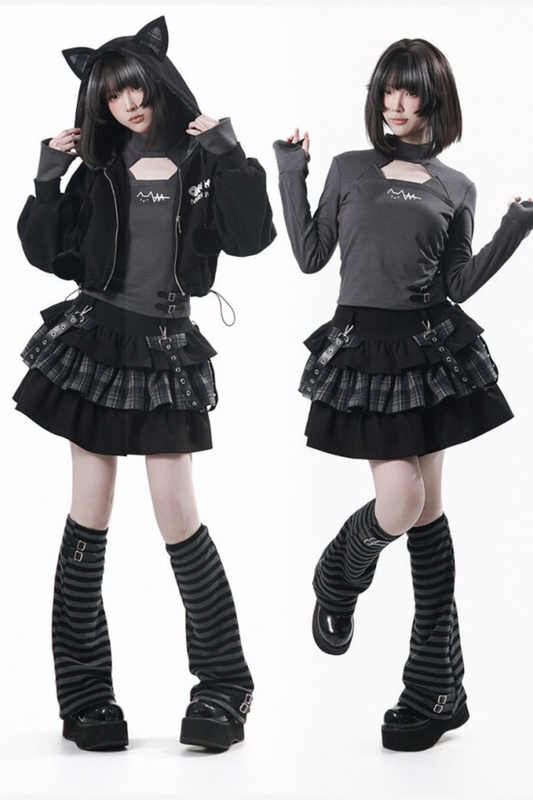 Cat Ear Jacket + Tiered Skirt + Top + Striped Leg Warmers