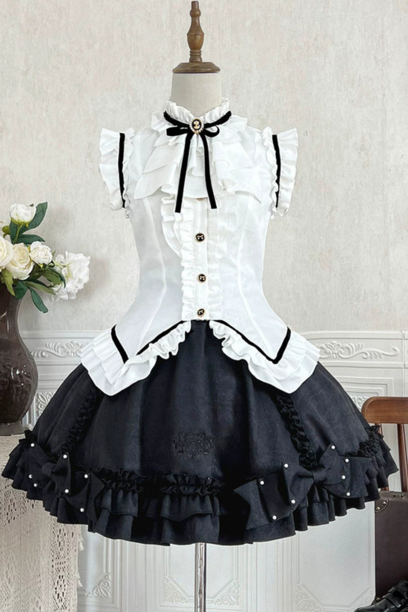 Flying Sleeve Sweet Dark Top + Flare Skirt