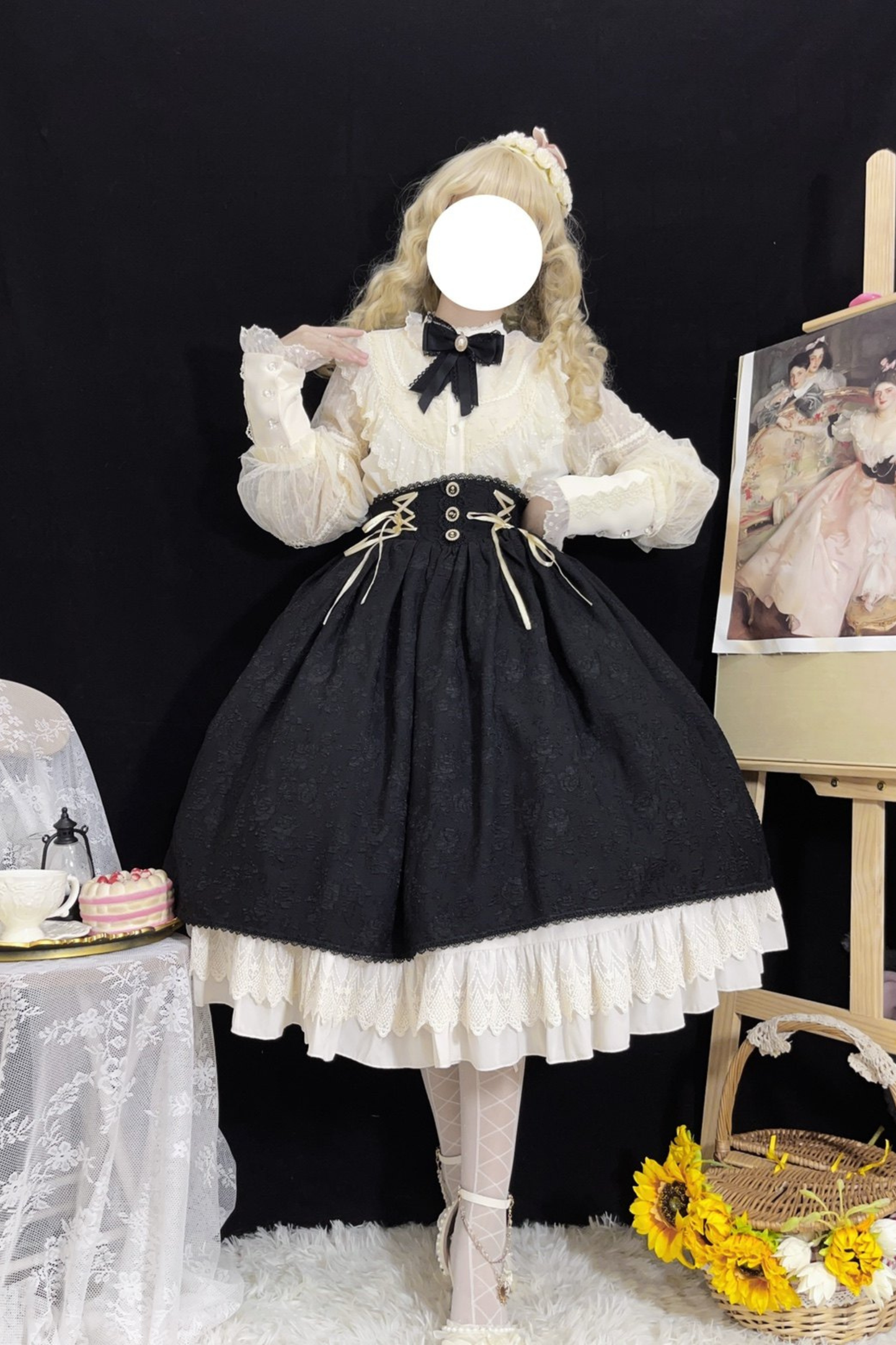 Retro Lolita Shirt + Lace-up High-waist Lolita Skirt