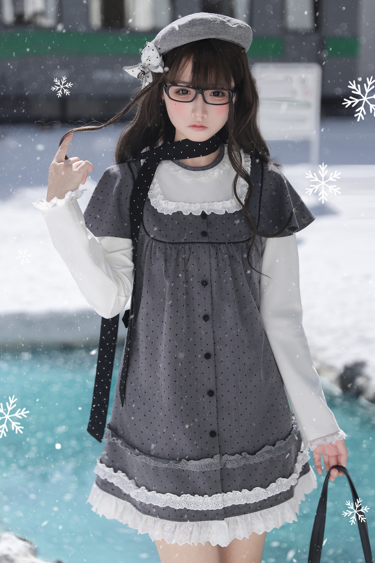Gray Polka Dot Doll Dress + Beret