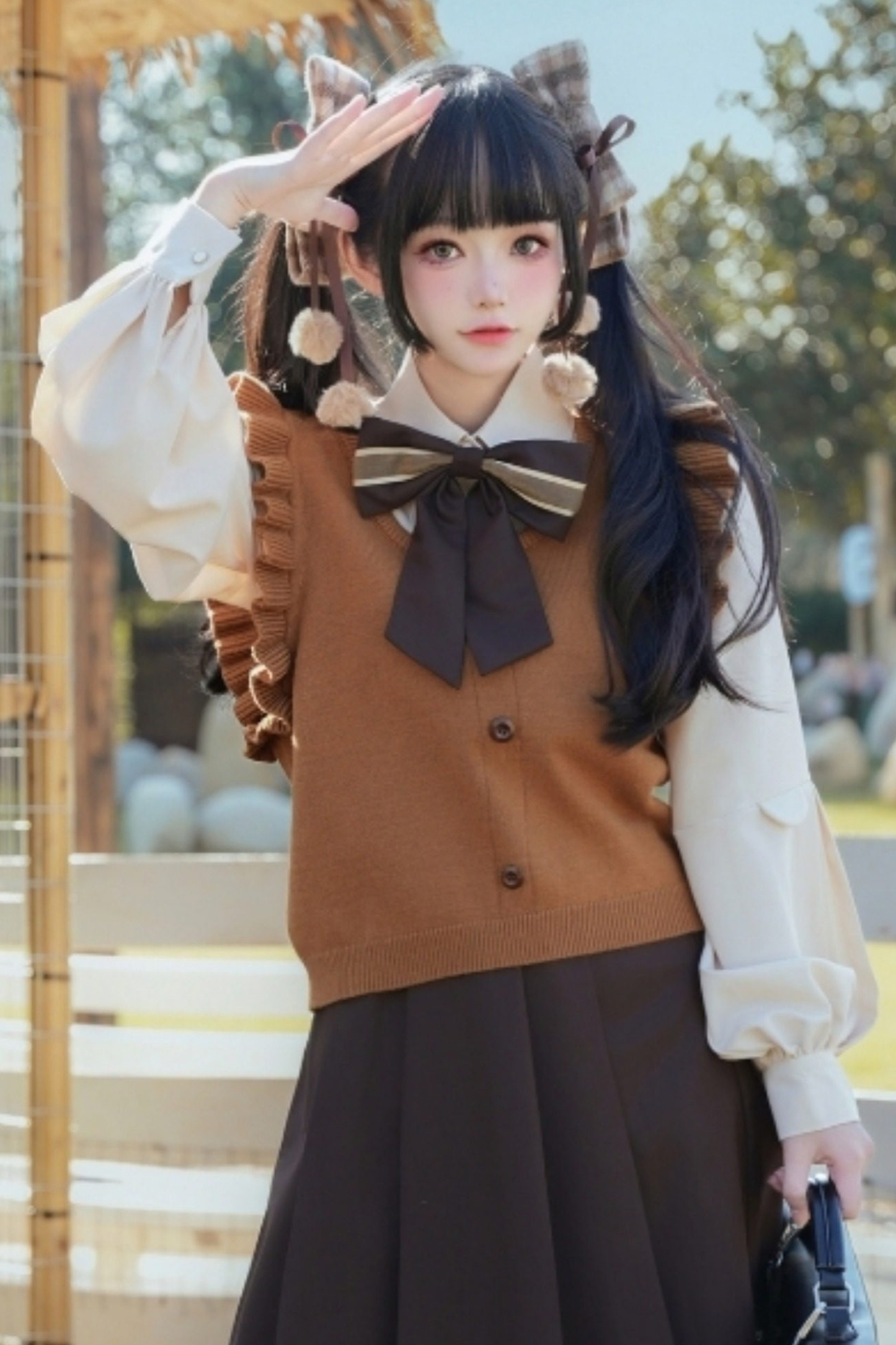 Fur Collar Cape + Knit Vest + Shirt + Pleated Skirt + Ribbon