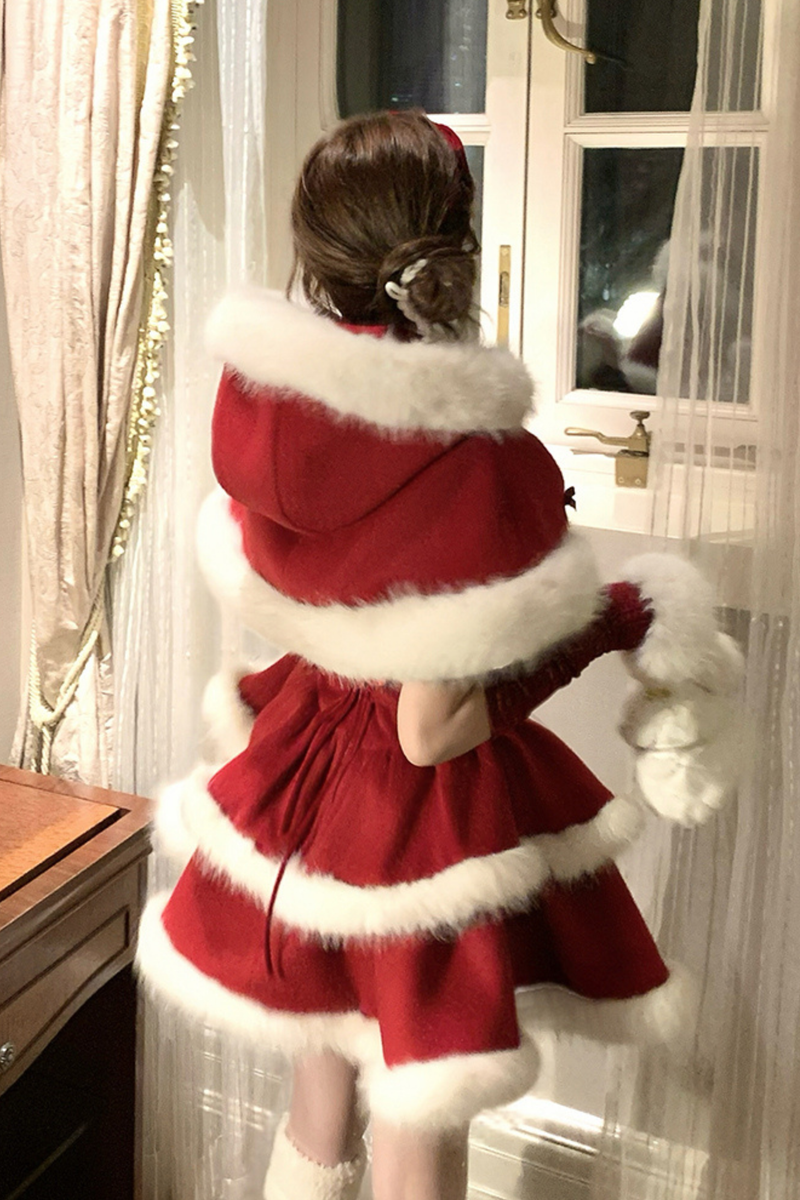 Red Velvet Cake Fur Coat + Suspender Skirt + Sleeves