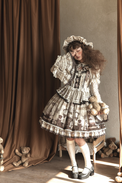 Briana Bear Print Dream Doll Lolita Dress + Jsk + Skirt + Shirt + Petticoat