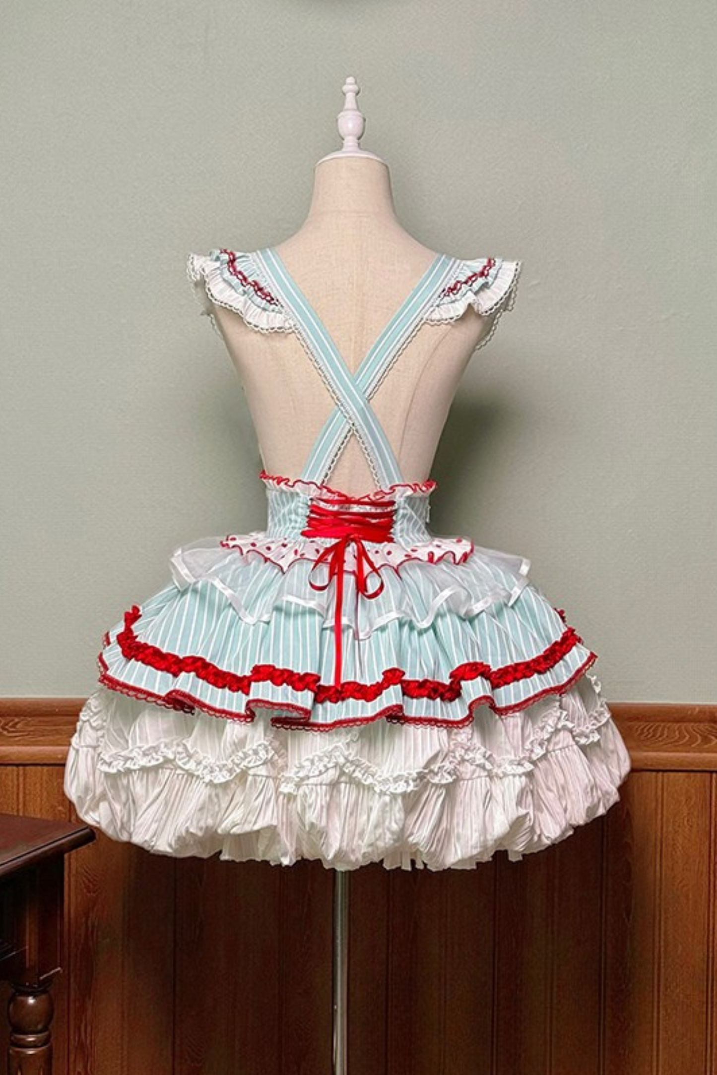 [pre-order Deadline: April 3] Twin Tiered Lolita Dot Ribbon Striped Dress + Flower Bud Skirt Dress