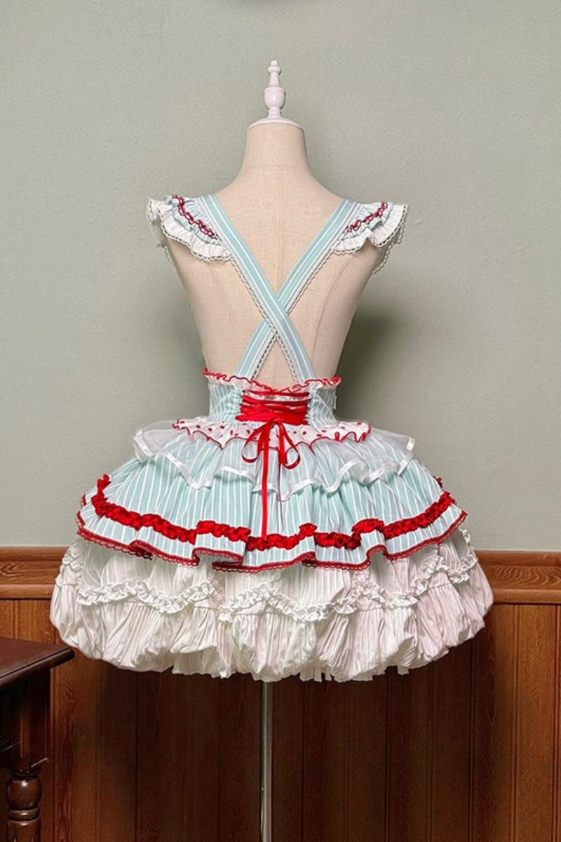 [pre-order Deadline: April 3] Twin Tiered Lolita Dot Ribbon Striped Dress + Flower Bud Skirt Dress