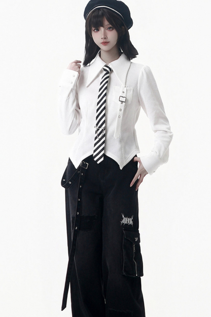 Cross Trim Cardigan + Shirt + Tie + Pants