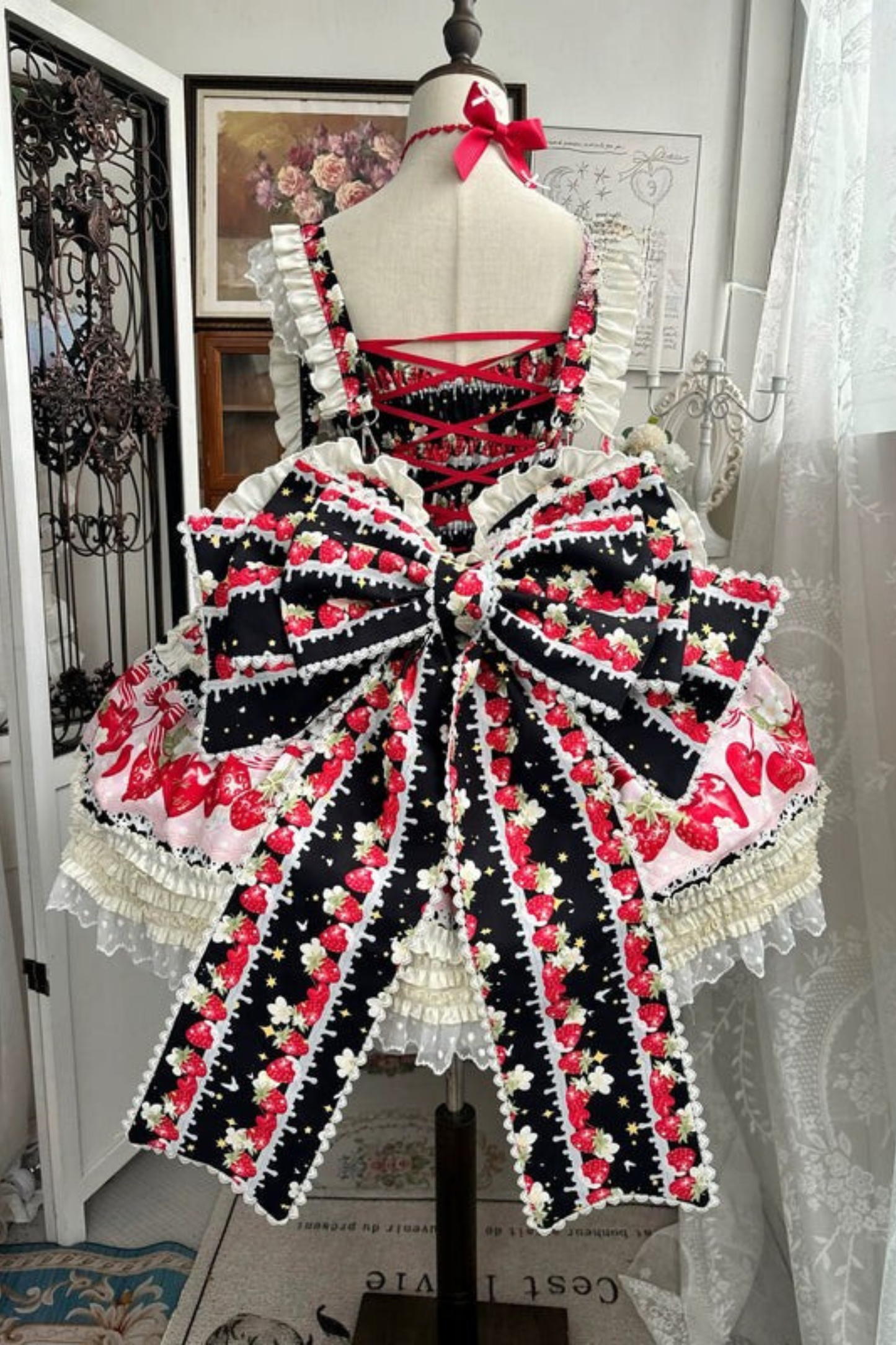 Strawberry Lolita Jumper Skirt + Rabbit Hair Scarf + Big Ribbon + Top + Hat + Bonnet