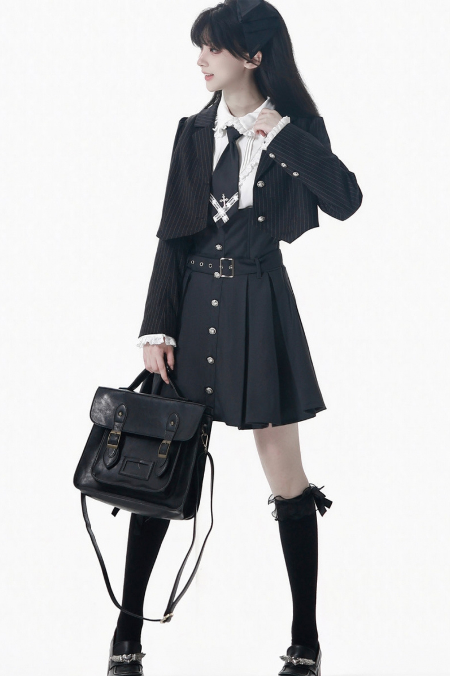 College Jacket + Suspender Skirt + Blouse + Tie