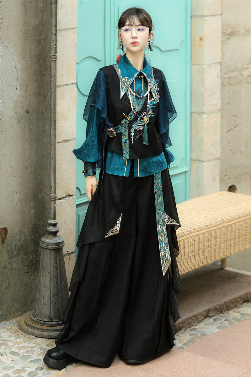 Ruan Chinese-style Top + Vest + Wide Leg Pants + Necklace
