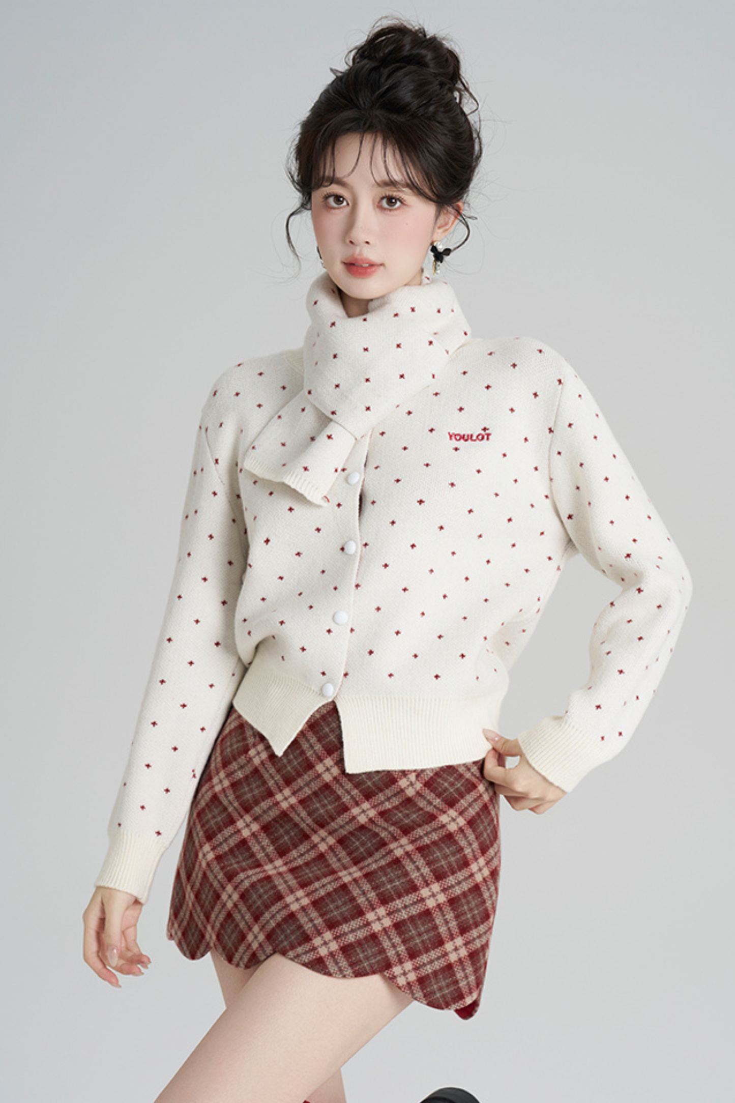 French Style Dotted Cardigan With Scarf